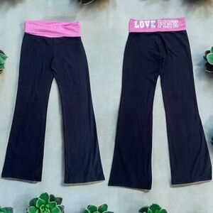 Y2K VS PINK M Foldover Black Flare Leggings Pink Silver Logo Low Rise Vtg